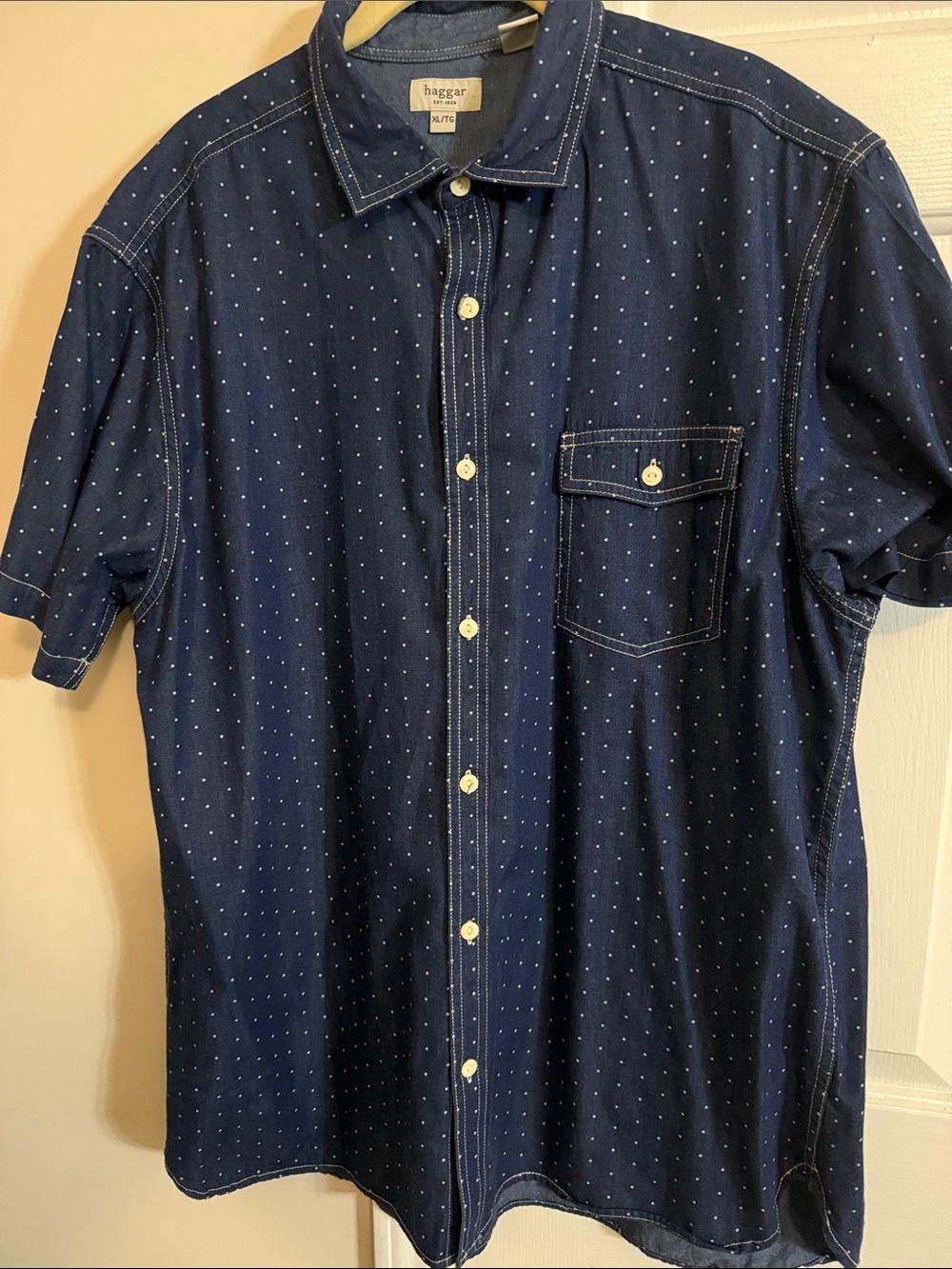 Haggar Navy Short-Sleeve Button-Down with White Dot Print